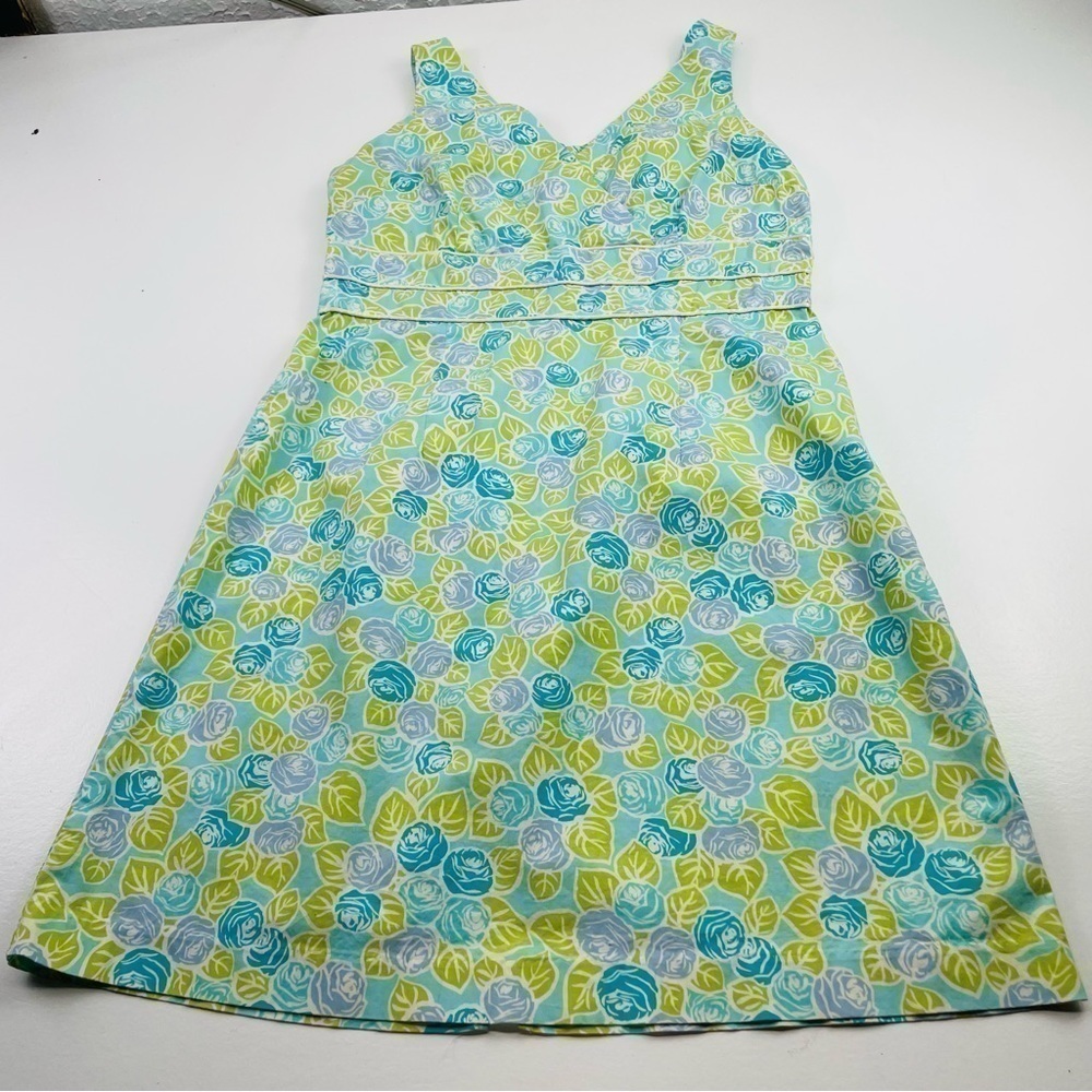 Tahiti Floral Shift Dress Women‎ Large Blue Green Rose Summer Mod Retro V-neck